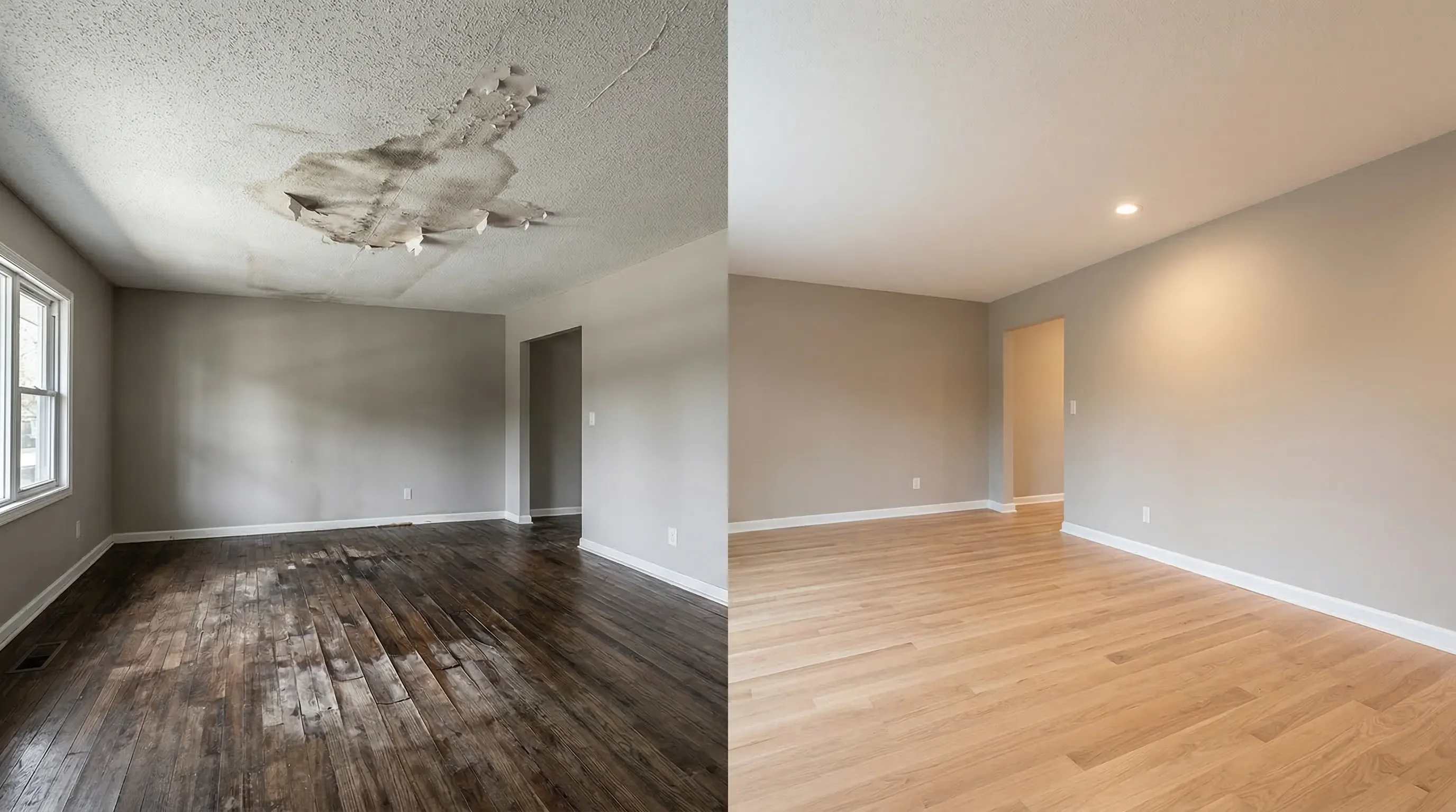 Before and after comparison of Palm Build insurance-coordinated water damage restoration in Fort Lauderdale Florida