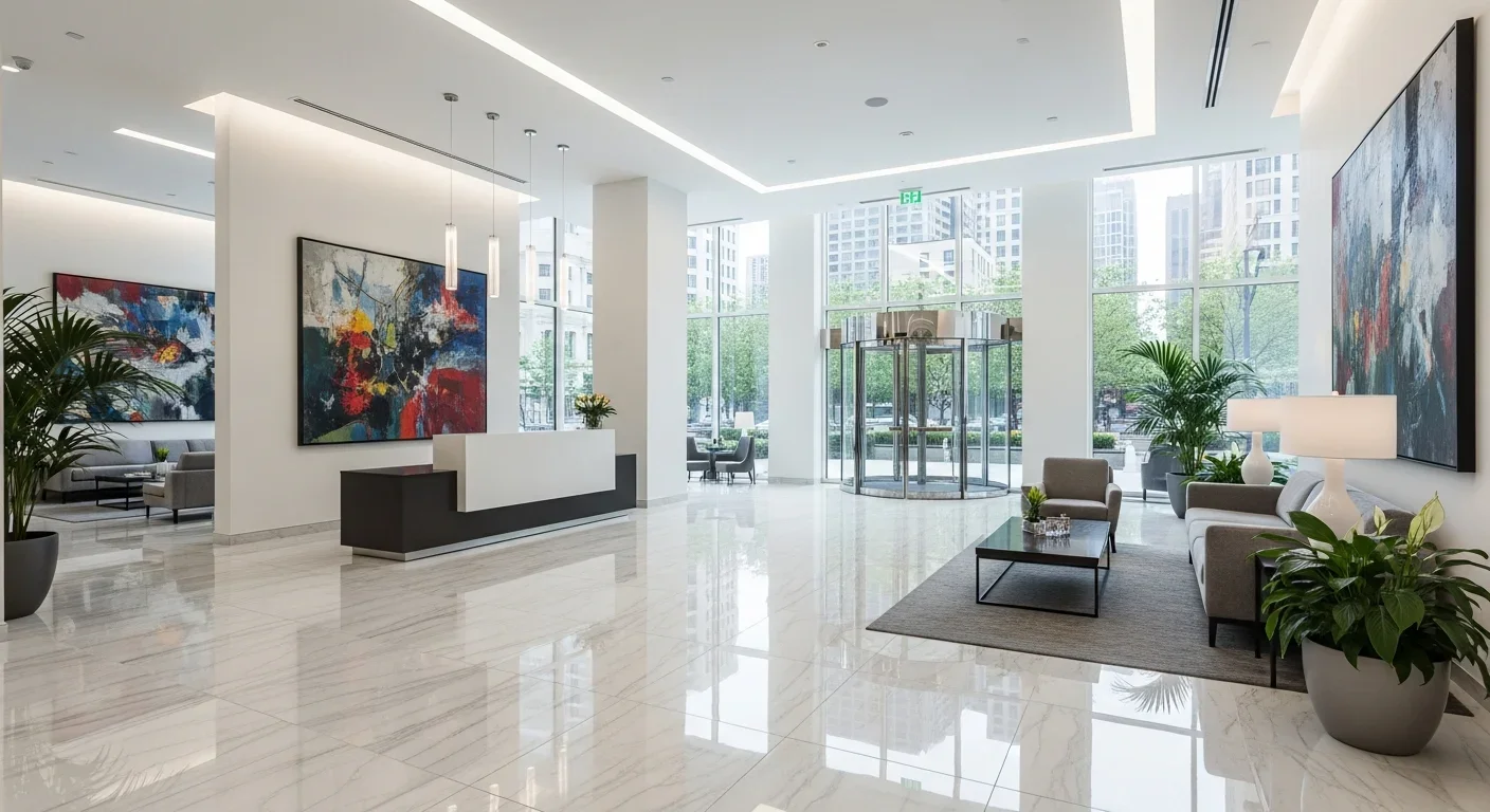 Before and after comparison of Palm Build commercial lobby reconstruction after water damage in Charlotte North Carolina