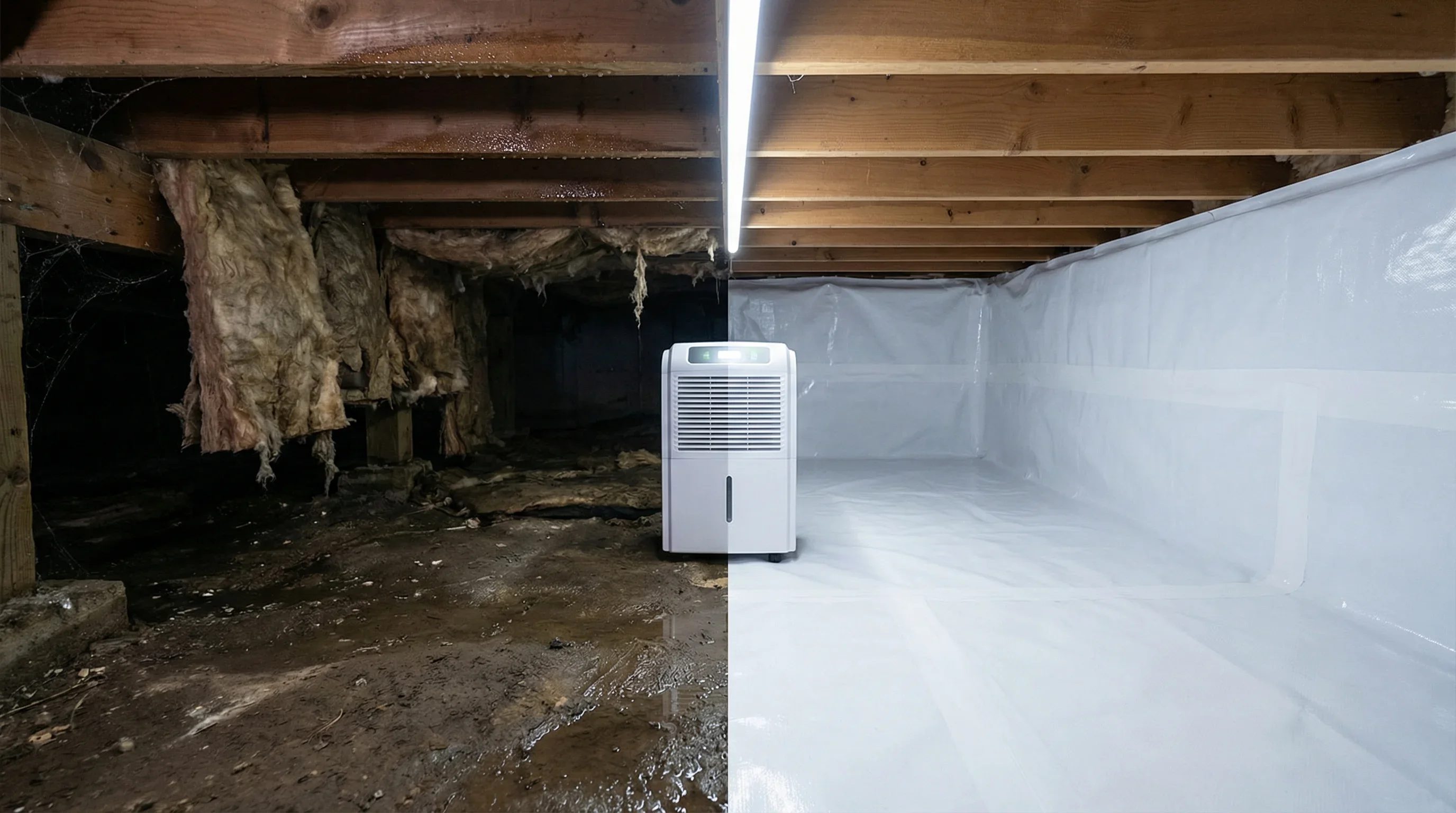 Before and after comparison of Palm Build crawl space encapsulation with vapor barrier and drainage in Matthews North Carolina