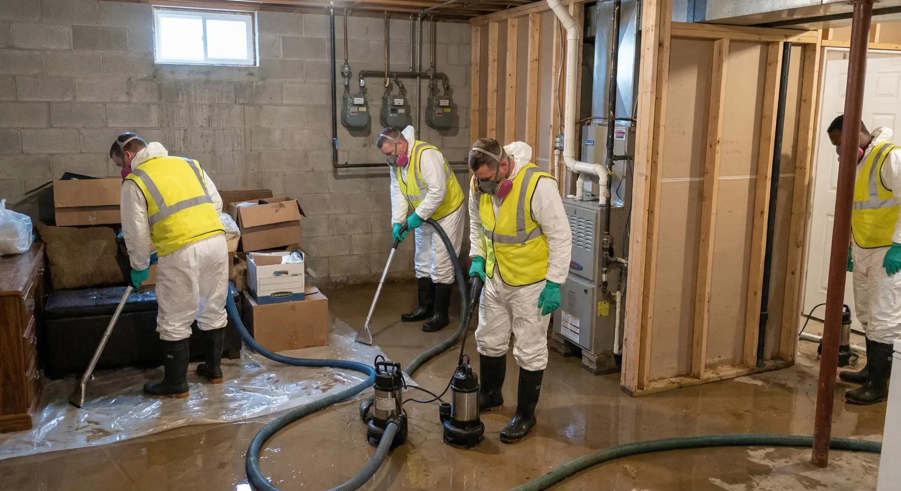 Palm Build crew performing emergency basement dewatering and structural drying at a flooded Charlotte North Carolina home