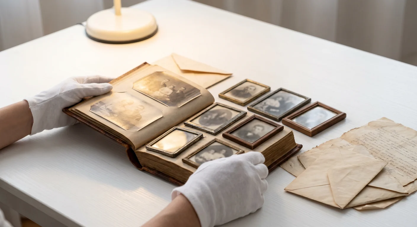 Careful hands gently handling a water-damaged photo album during contents restoration, with documents and framed photographs laid out on a restoration table