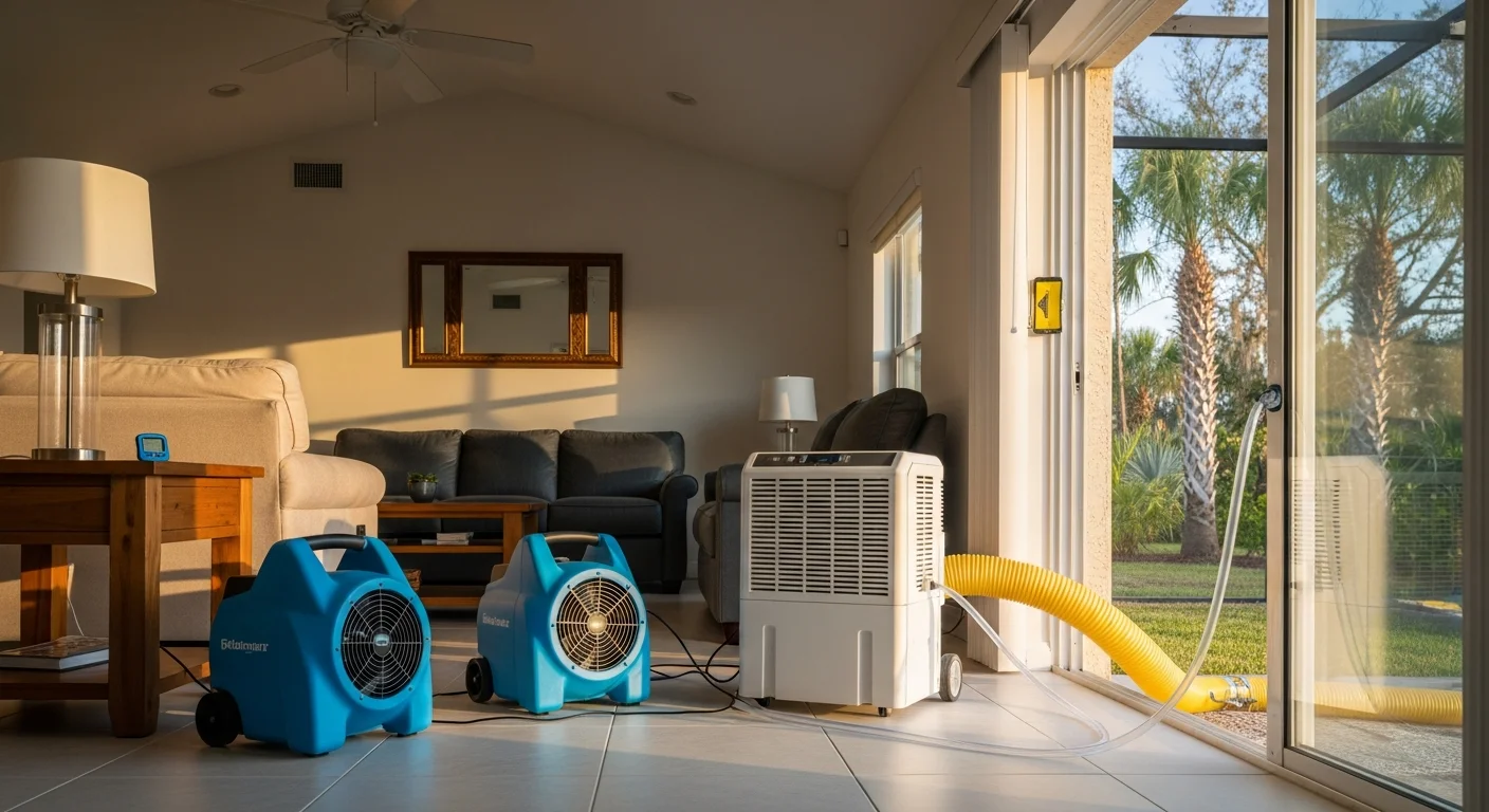 Commercial axial air movers and large dehumidifier running in a Florida home living room with tile flooring, palm trees visible through a sliding glass door