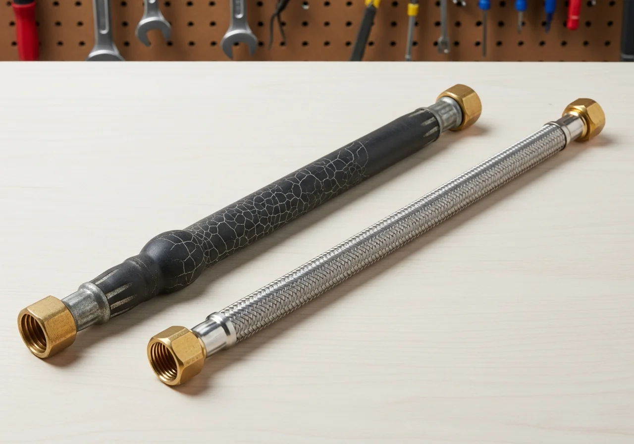 Side-by-side comparison of an aged cracked black rubber washing machine supply hose next to a new braided stainless steel supply hose on a workbench
