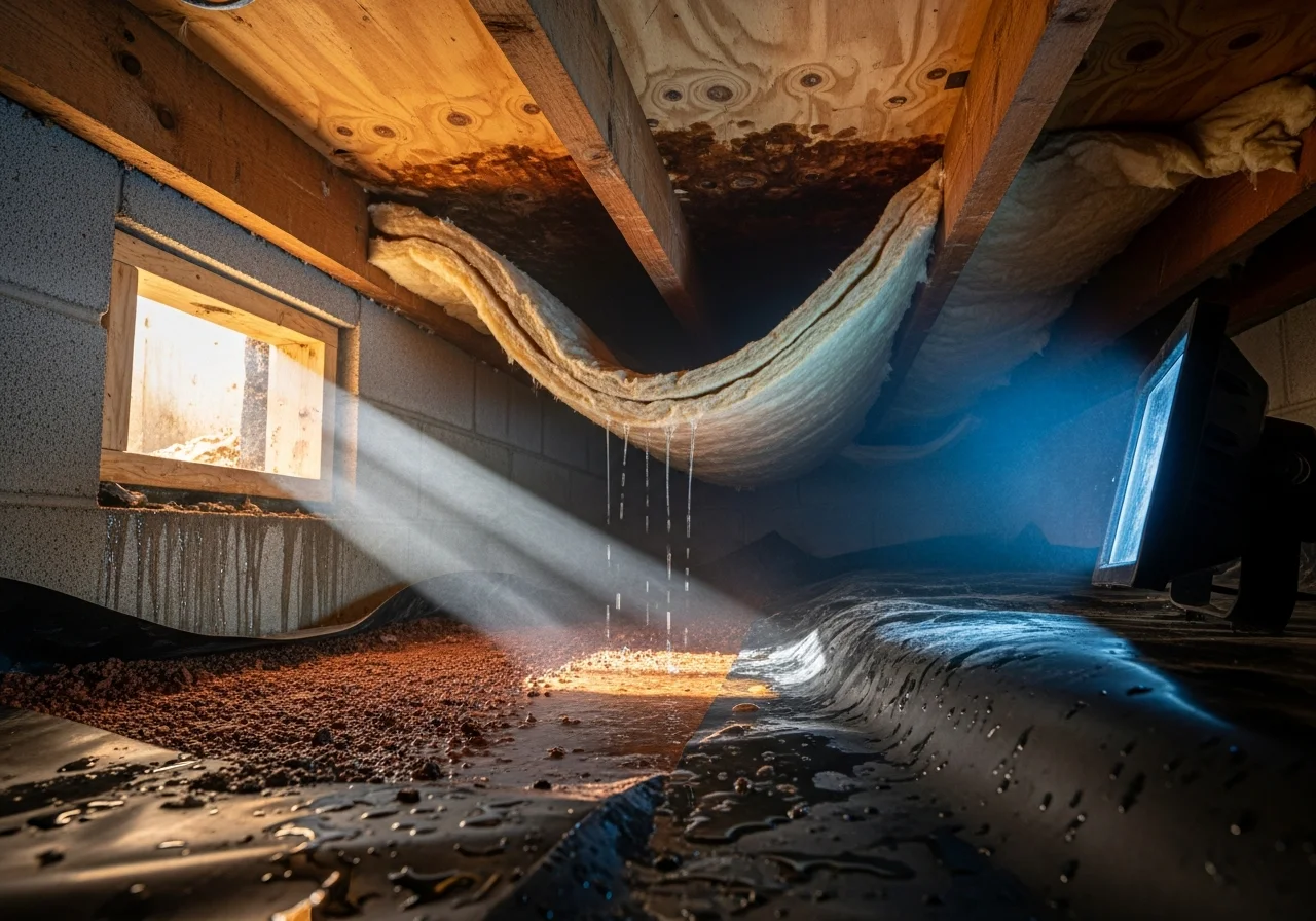 Water-damaged fiberglass insulation sagging between wooden floor joists in a vented crawl space under a Carolinas home with red clay soil