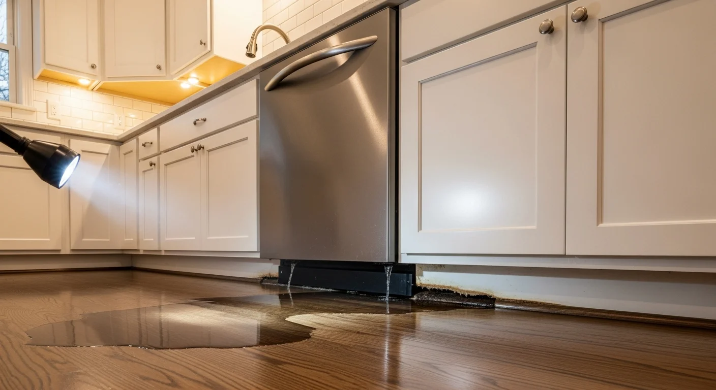 Water seeping from under a built-in dishwasher onto engineered hardwood flooring and darkening the toe kick of white shaker base cabinets