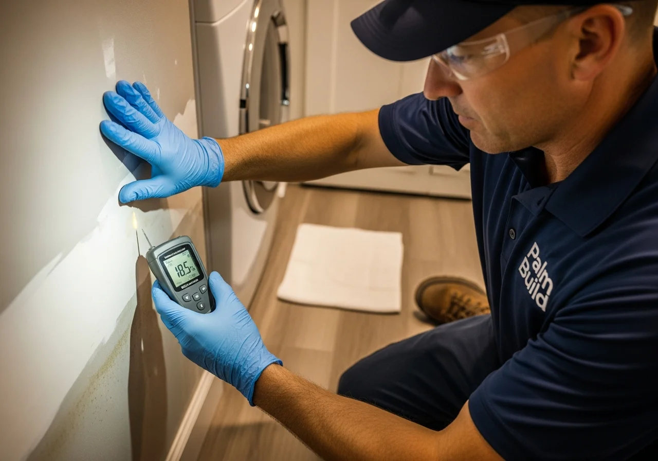 Palm Build restoration technician in a navy branded polo using a pin-type moisture meter against a white baseboard in a laundry room