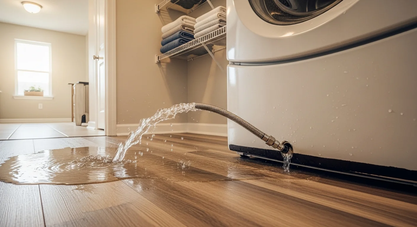 Burst braided stainless steel washing machine supply hose spraying water across a vinyl plank laundry room floor in a Southeastern US home
