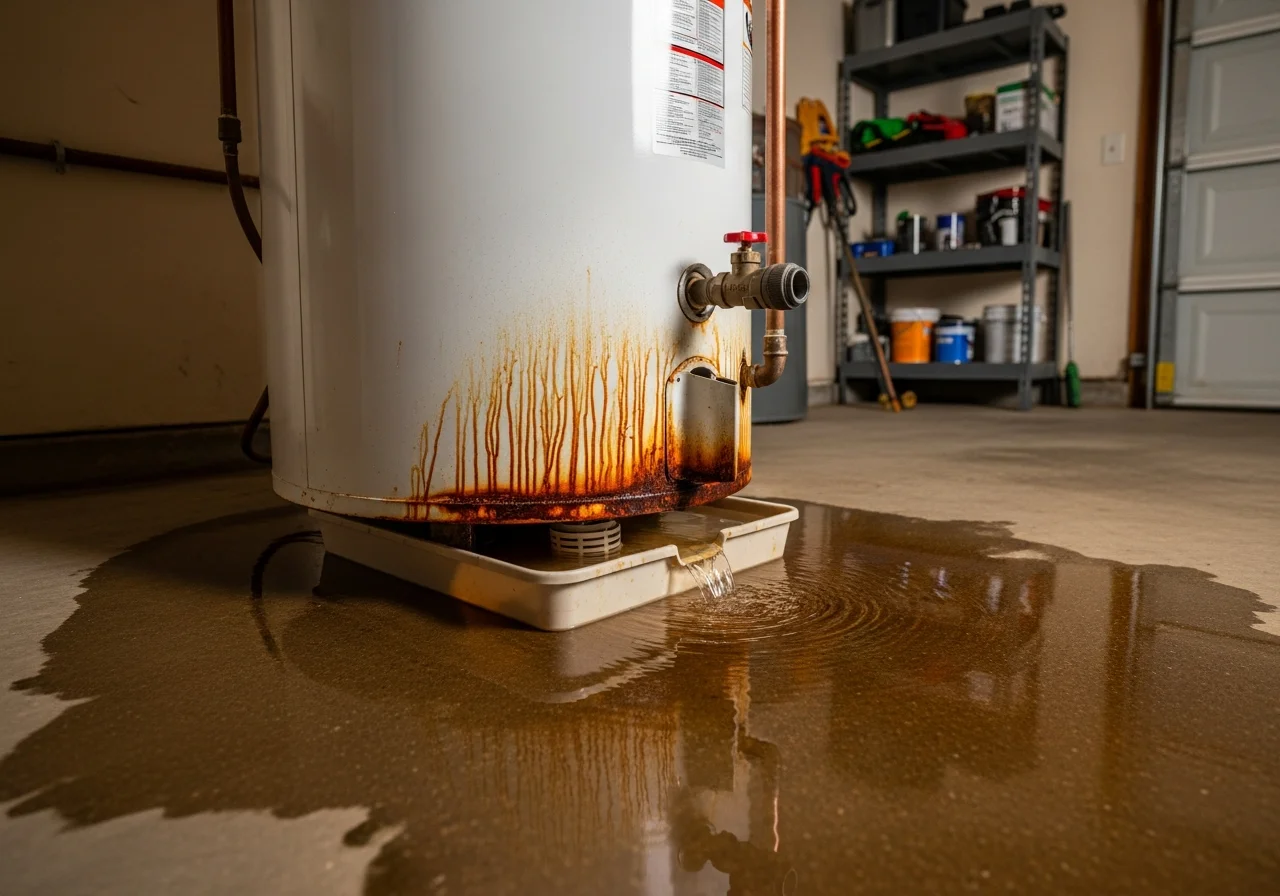 Aging residential tank-style water heater with rust staining at the base and water pooled across the concrete garage floor from an overflowing drain pan