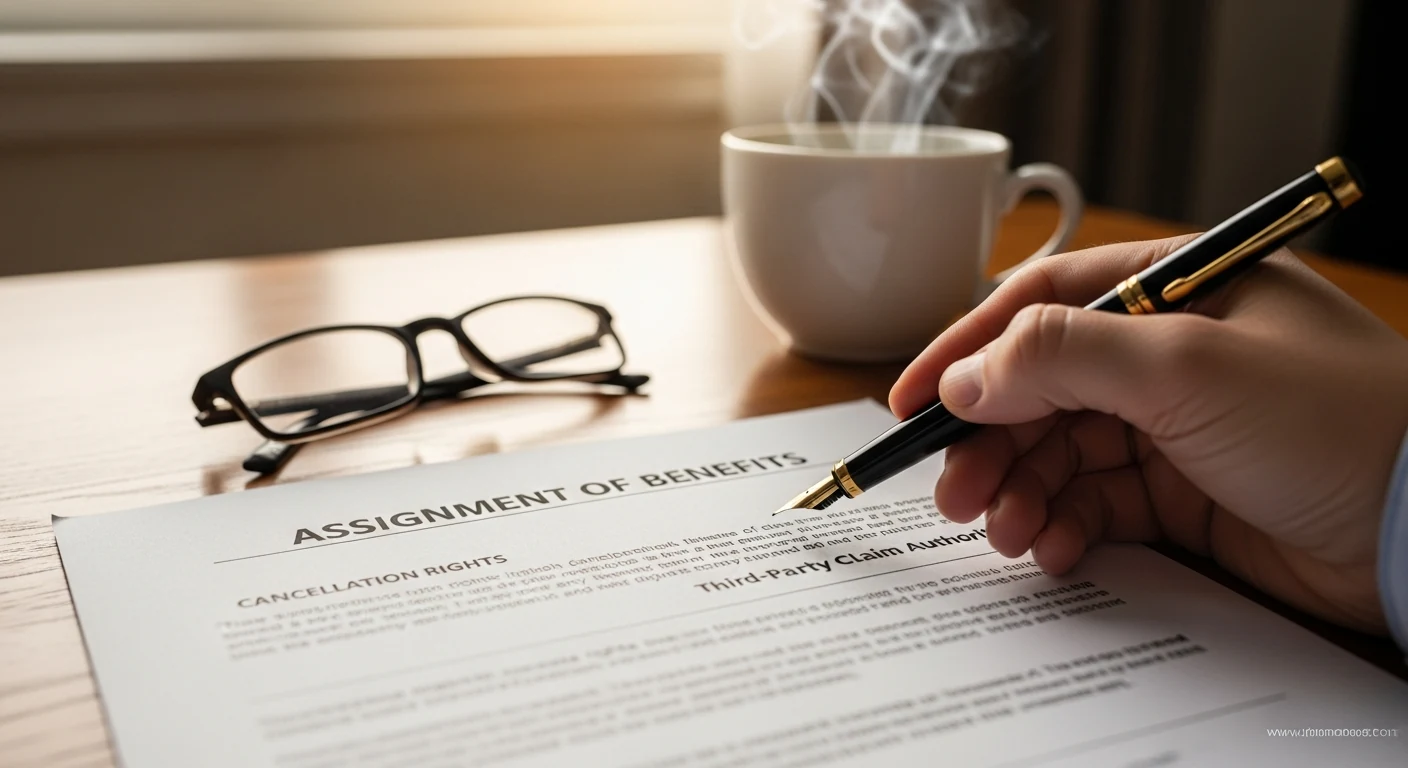Tight close-up editorial photograph of an Assignment of Benefits document on a wooden desk, the header reading ASSIGNMENT OF BENEFITS in bold all-caps, partial visibility of legal clauses about cancellation rights and third-party claim authority, a pair of folded reading glasses beside the document, a white ceramic coffee mug with steam, a homeowner's hand hovering with a pen but not yet touching the page