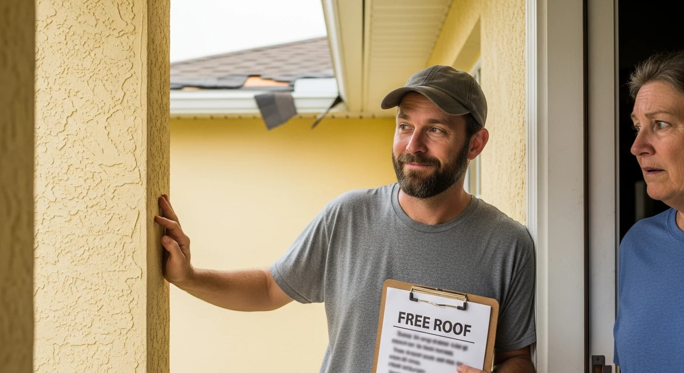 Tight editorial photograph of a suspicious door-to-door contractor in plainclothes leaning on a homeowner's front doorframe, holding a clipboard with a generic FREE ROOF flyer, the homeowner partially visible inside the doorway looking hesitant and uncertain, storm-damaged Florida stucco home visible behind, soft overcast post-storm afternoon light