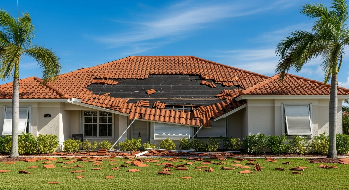Wide photograph of a Florida stucco home with terracotta tile roof showing displaced and cracked tiles after a hurricane, hurricane shutters half-deployed, palm trees framing the property, broken tile shards on the lawn, bright Florida afternoon sun