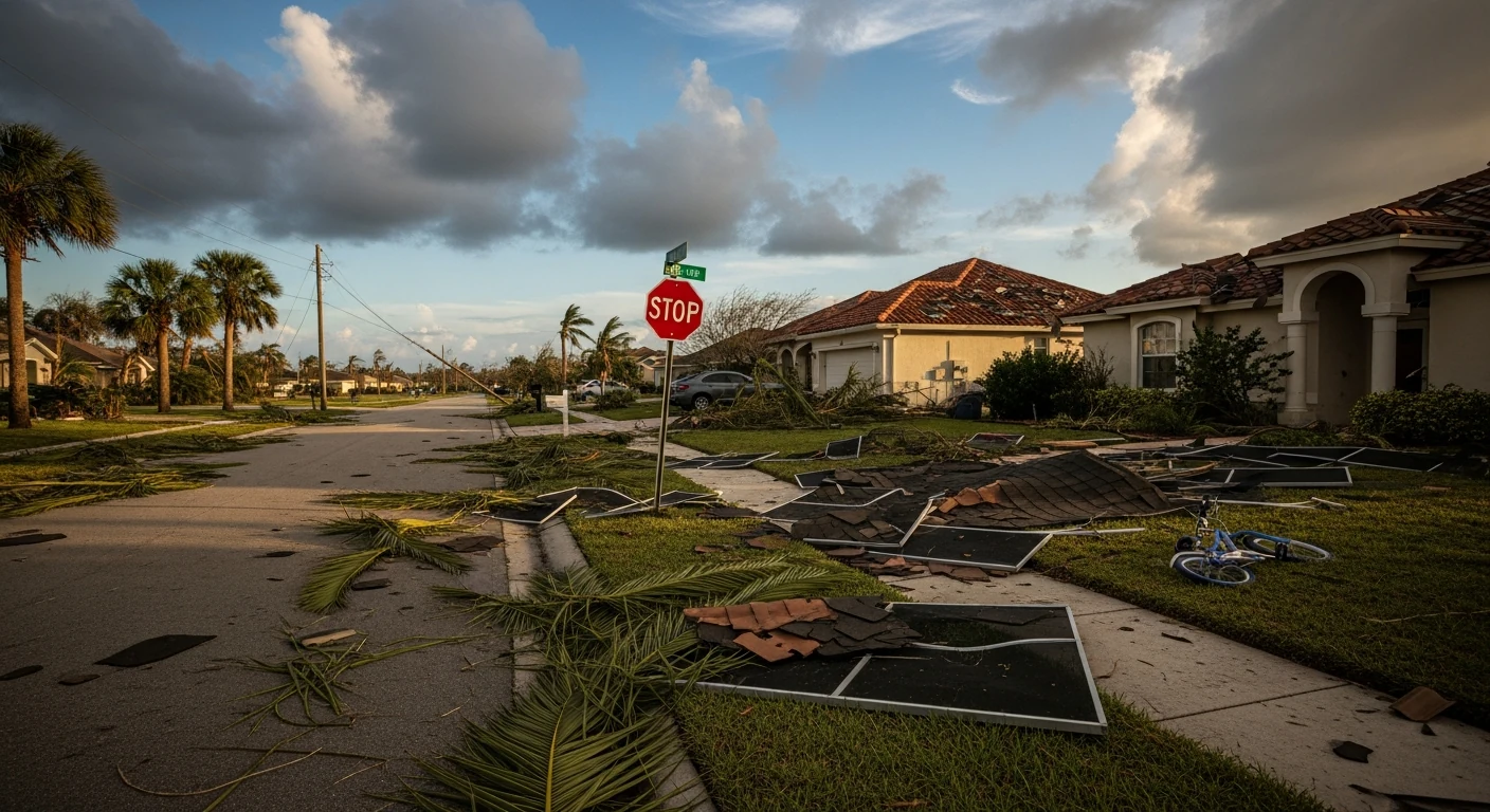 Wide cinematic post-hurricane suburban Florida street establishing shot with no human subjects, downed palm fronds and torn screen-enclosure mesh scattered across the asphalt, broken asphalt shingles on the lawns, a stop sign tilted at an angle, a child's bicycle on its side near the curb, two homes visible in frame with roof damage including a Florida stucco home with displaced terracotta tile and an asphalt-shingle home with wind-creased shingles, blue sky breaking through retreating dark storm clouds, distant snapped power line dangling, palm trees lining the street, soft golden-hour rake light