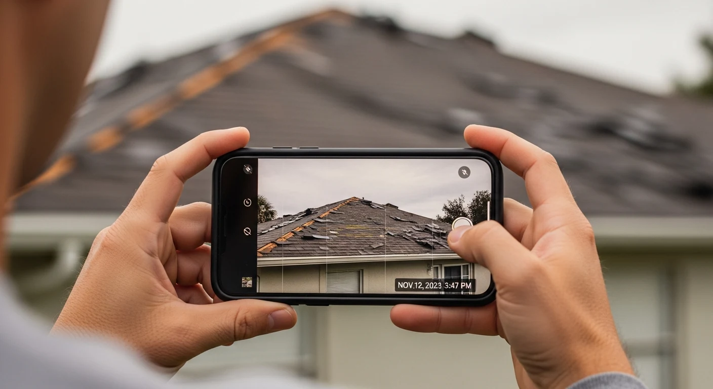 Over-the-shoulder editorial photograph of a homeowner photographing visible roof storm damage with their smartphone, the phone screen showing the live camera viewfinder displaying the damaged roof with a clear timestamp overlay in the bottom corner, soft post-storm overcast afternoon light, sharp focus on the phone screen and the damaged roof beyond it