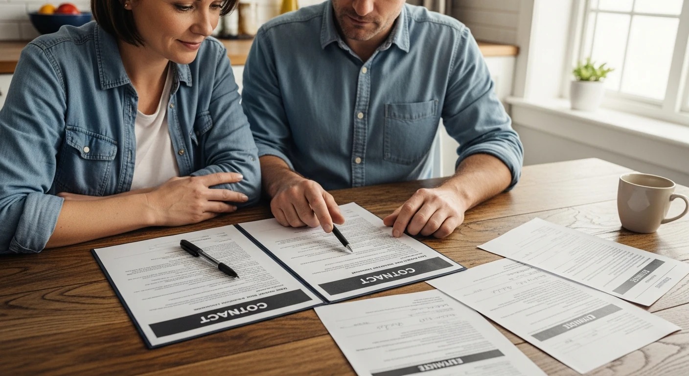 Wide editorial photograph of a homeowner couple at a wooden kitchen table calmly reviewing a detailed multi-page contract with itemized scope of work, a pen on the table NOT yet picked up, three written estimates fanned out beside the main contract, natural midday light through a kitchen window, reassuring deliberate atmosphere