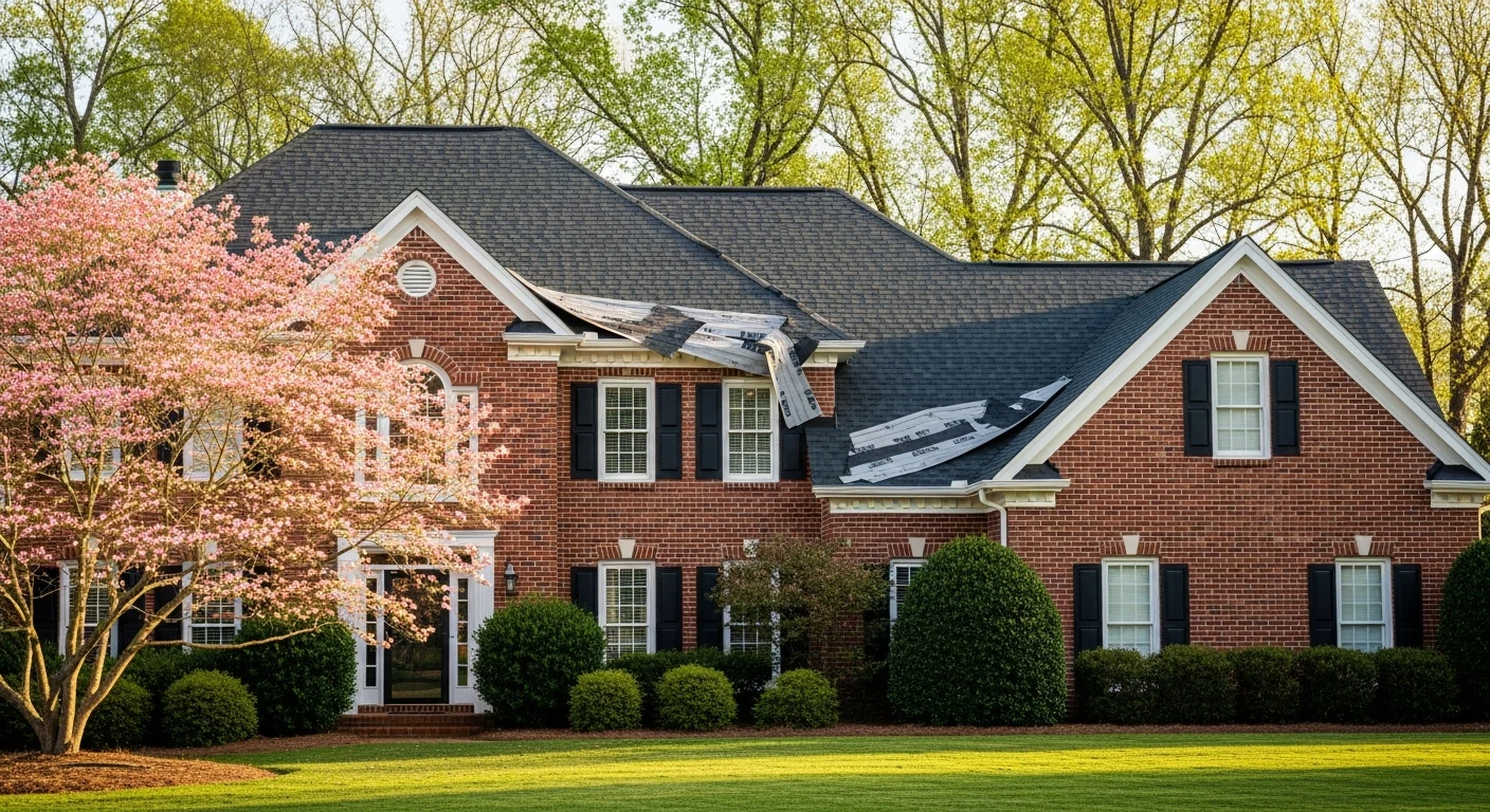 Wide photograph of a two-story North Carolina red-brick home with white trim and wind-creased asphalt shingles along the front slope, mature dogwoods in the foreground, soft Carolina spring afternoon light