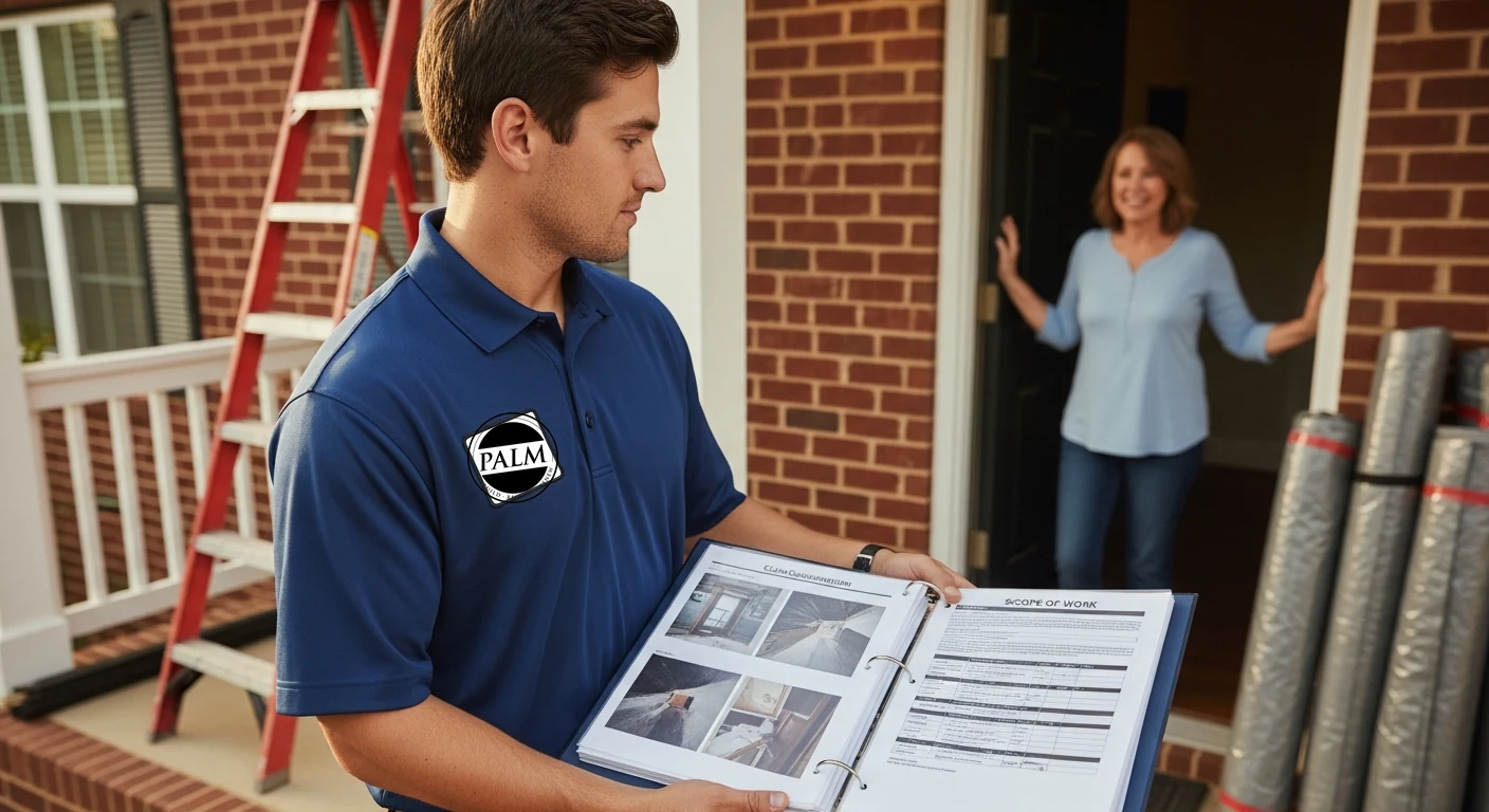 Wide editorial photograph of a Palm Build IICRC-certified technician in a navy embroidered polo with a Palm badge on the chest, handing a detailed claim-documentation binder to a relieved homeowner on the front porch of a storm-damaged red-brick home, the binder open showing organized photos and an itemized scope, a wooden ladder and tarp materials staged in the background, late-afternoon warm light