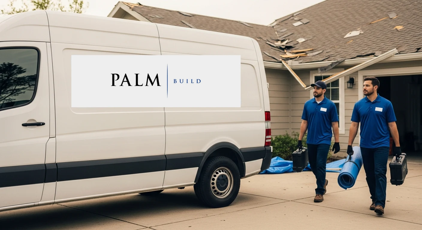 Editorial photograph of a clean white work van with the Palm Build logo clearly visible on the side door, parked in the driveway of a storm-damaged home, two technicians in navy embroidered Palm Build polos approaching the home with tool cases and a rolled tarp, soft post-storm afternoon light