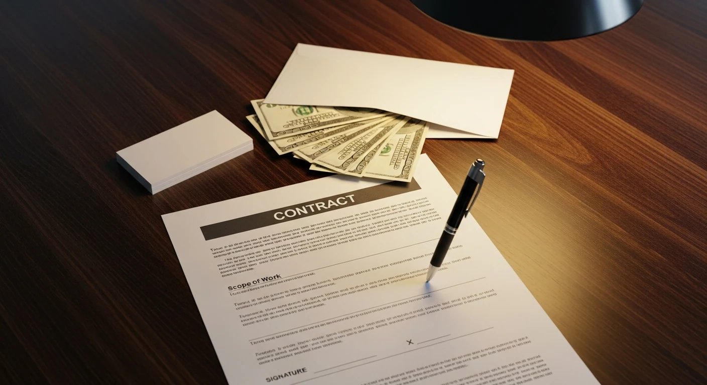 Top-down still life on a kitchen table showing a generic blank business card with no logo, an unmarked white envelope with US dollar bills cash spilling out, a pre-printed contract with blank scope-of-work fields and an empty signature line, a black ballpoint pen poised over the signature line, warm overhead light