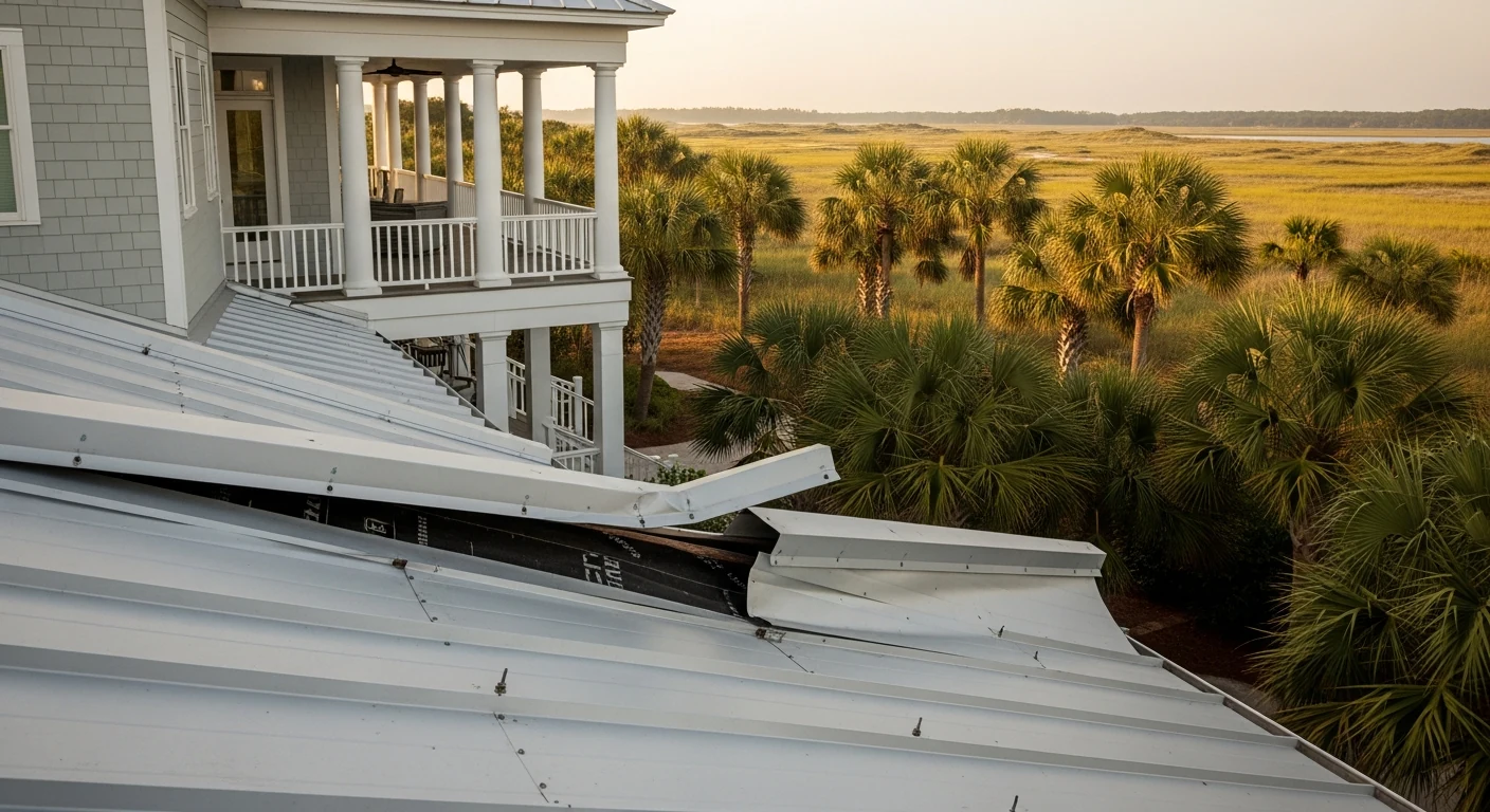 Wide photograph of a Lowcountry coastal South Carolina home with cement-board siding, a standing-seam metal roof showing a lifted seam, palmetto trees and salt-grass dunes in the background, soft coastal late-afternoon light