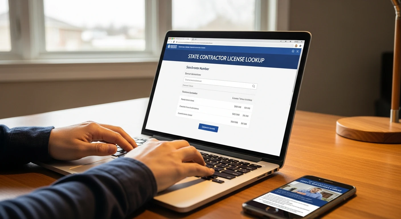 Editorial photograph of a homeowner's hands typing on a laptop on a wooden home-office desk, the laptop screen displaying a state contractor license lookup page with a license number entered and search results visible, a smartphone displaying a contractor's flyer photo beside the laptop for cross-checking, warm desk-lamp light