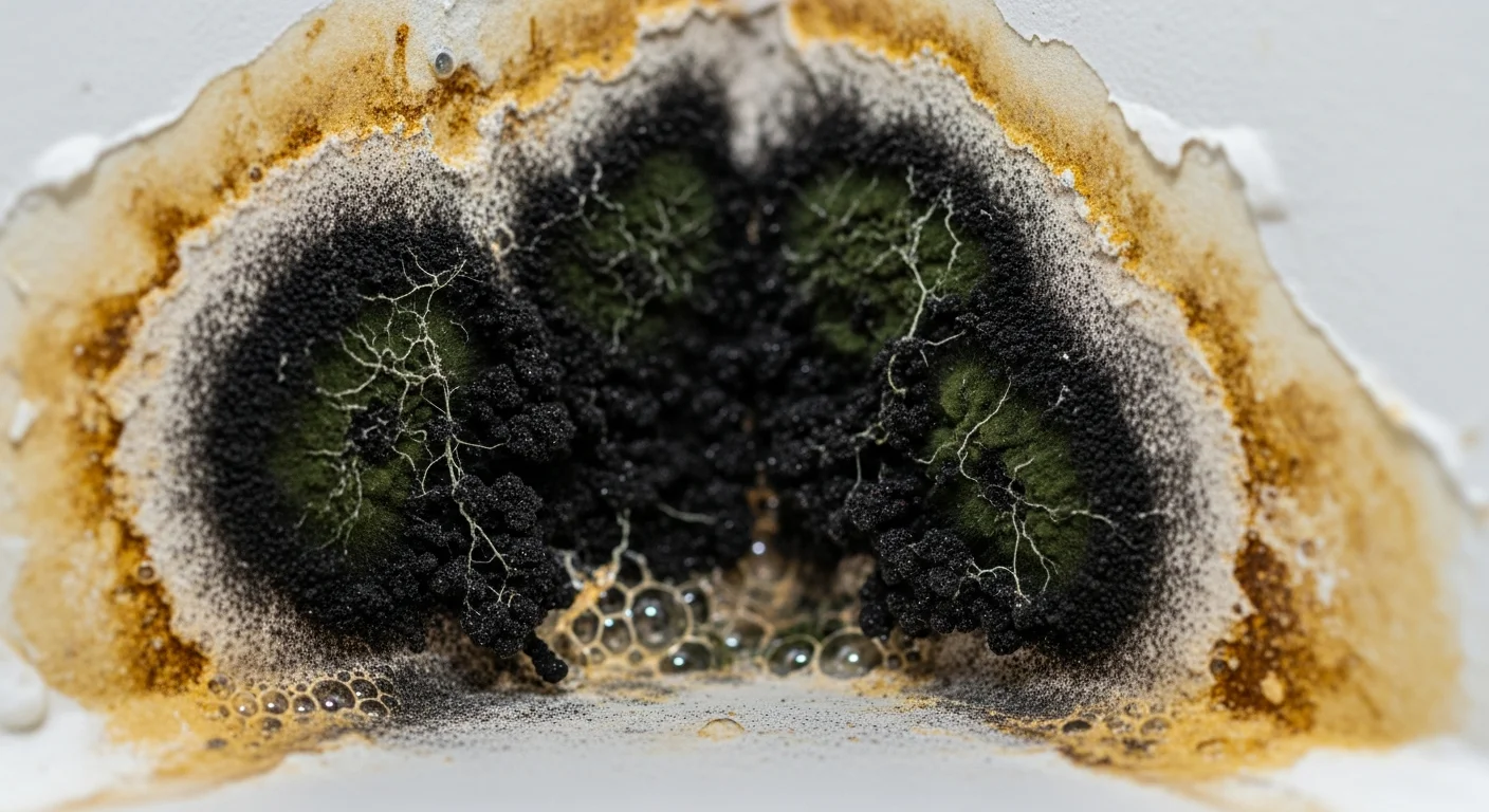 Close-up of dark black mold colonies growing on water-damaged drywall in a residential bathroom showing texture and moisture staining