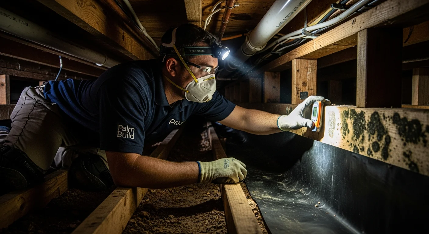 Palm Build technician with headlamp and moisture meter inspecting mold growth on wooden floor joists in a residential crawl space