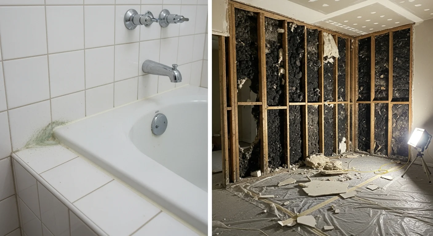 Split comparison showing a small manageable patch of surface mold on bathroom tile grout on the left and extensive black mold growth behind removed drywall on the right