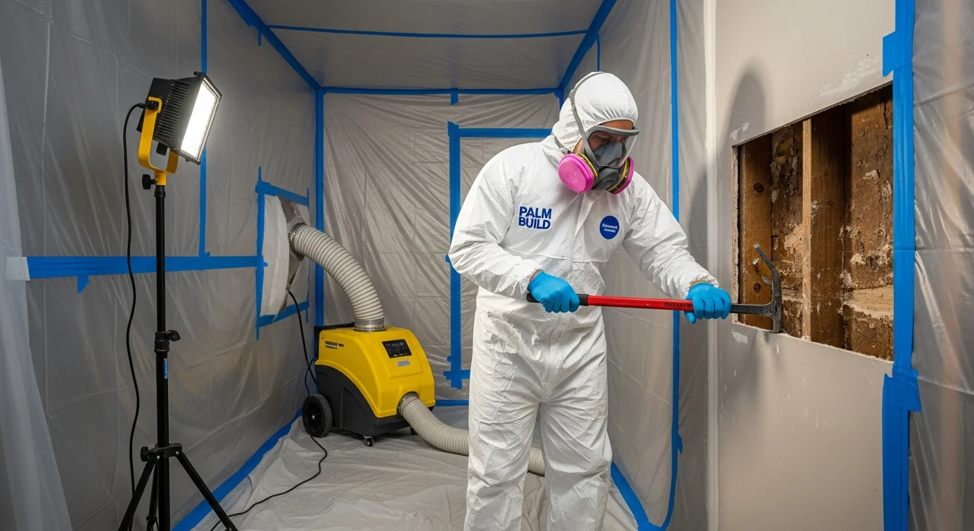Palm Build restoration technician in full protective gear removing mold-damaged drywall inside a sealed containment zone with HEPA air scrubber running
