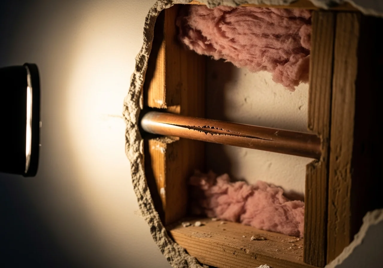 Close-up of a burst copper water pipe showing a freeze split inside a wall cavity with exposed wood framing and insulation