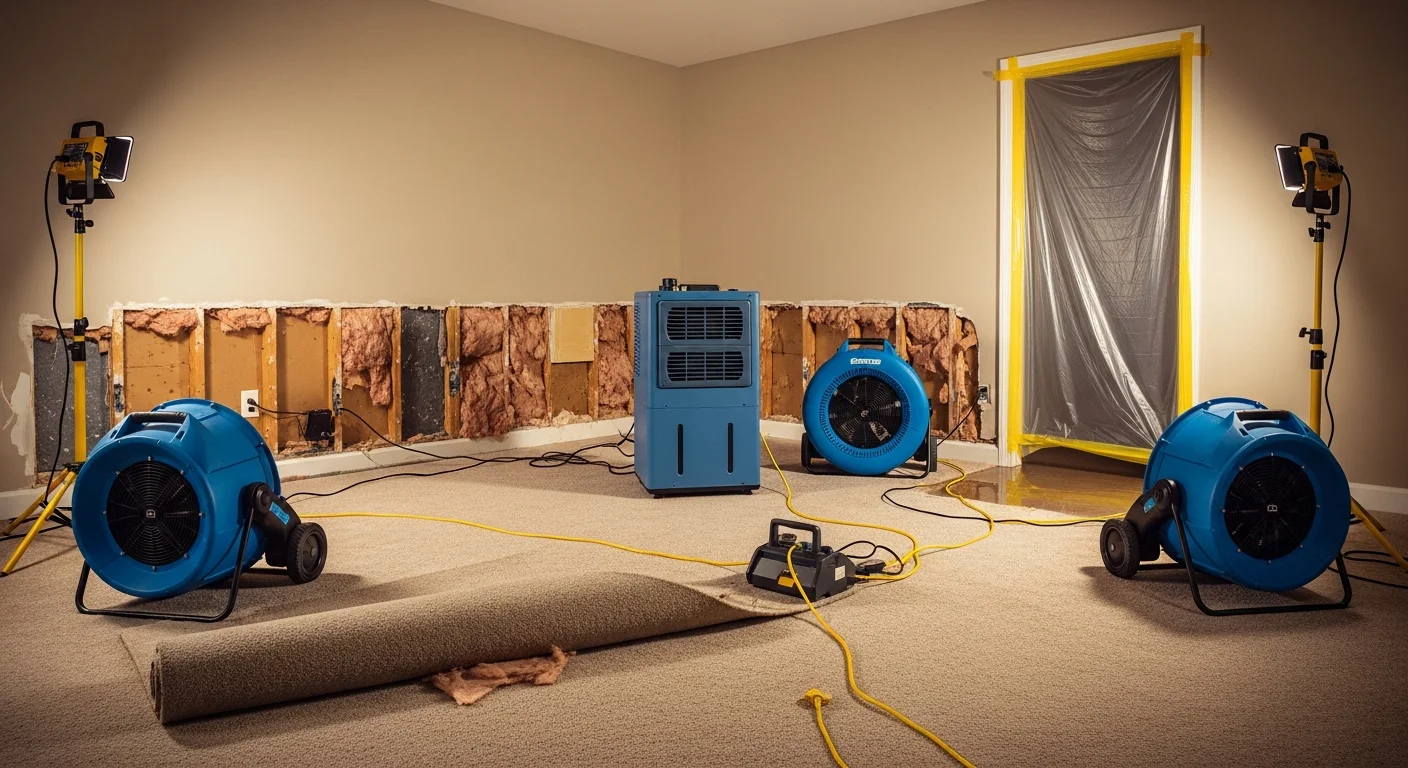 Commercial drying equipment setup in a water-damaged bedroom with air movers, dehumidifier, removed drywall sections, and containment plastic