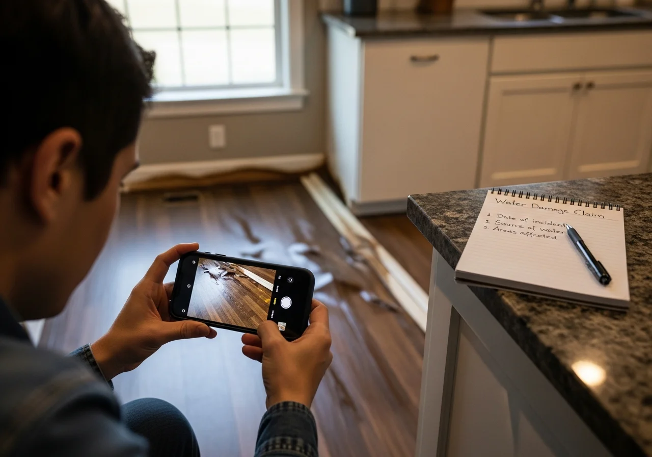 Homeowner photographing water-damaged kitchen flooring with a smartphone for an insurance claim, notepad with damage checklist nearby