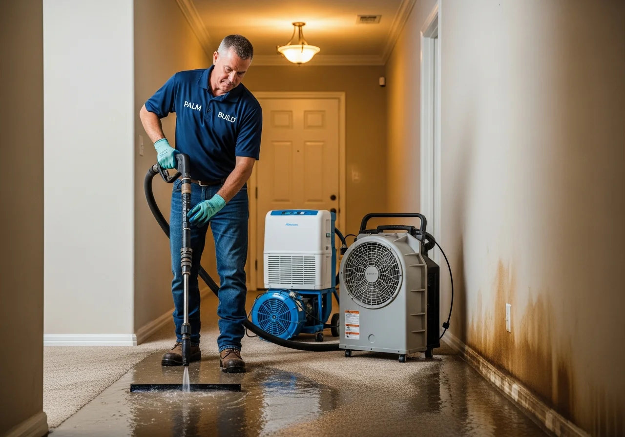 Palm Build restoration technician in branded navy polo extracting standing water from a flooded hallway using commercial-grade equipment