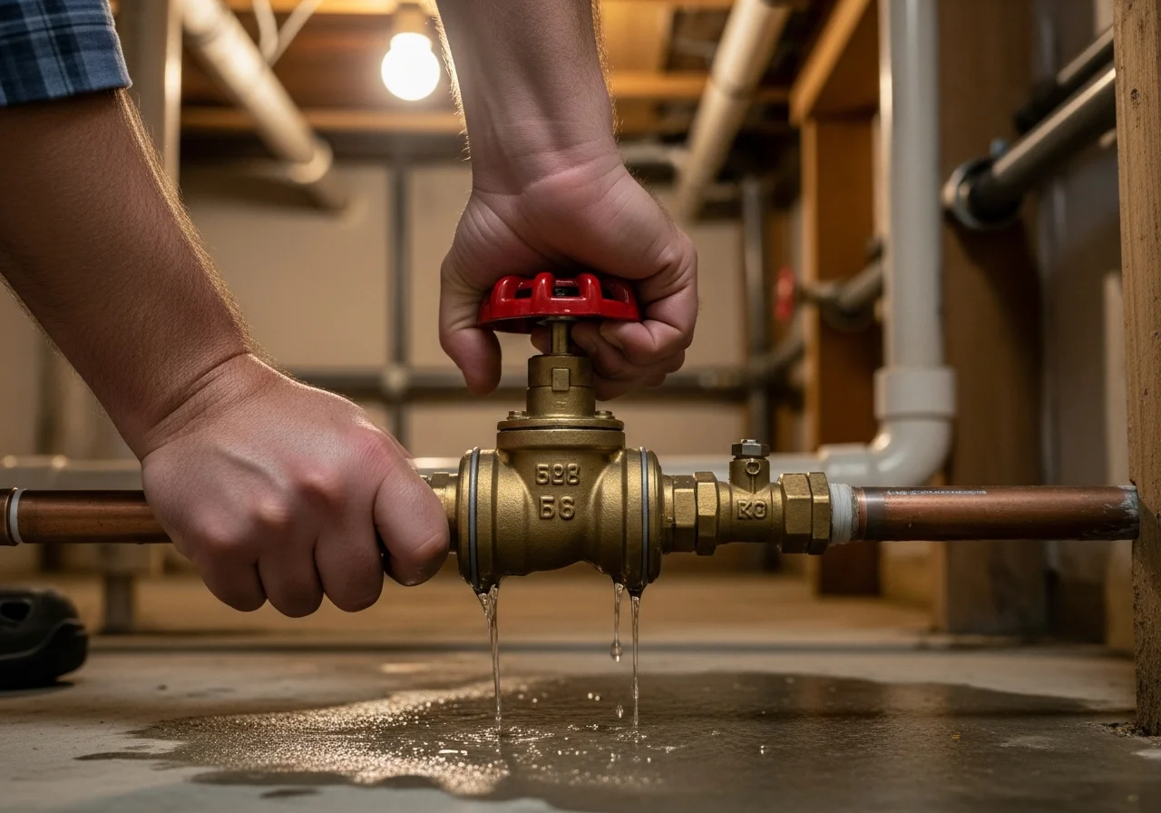 Homeowner turning a red main water shutoff valve on a brass gate valve during a burst pipe emergency with water dripping below