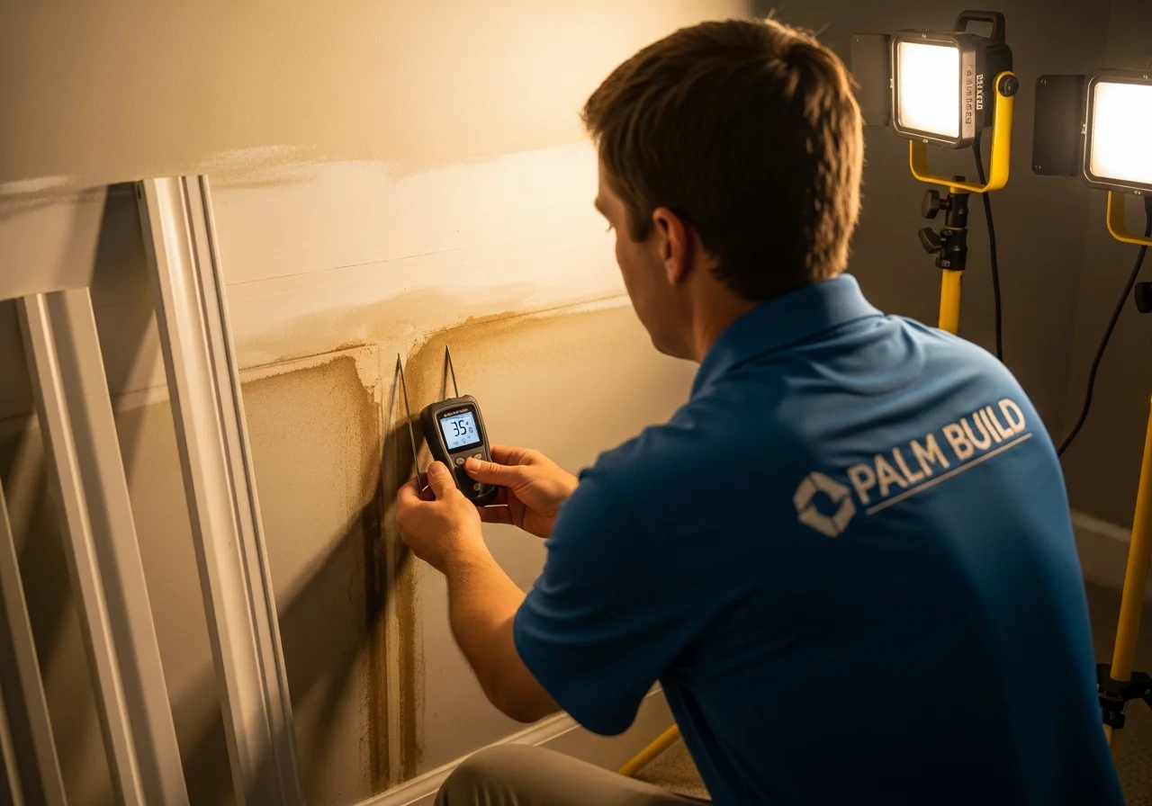 Palm Build technician using a pin-type moisture meter to check water saturation levels in a drywall wall during active drying
