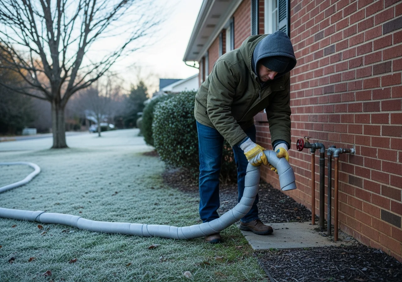 Homeowner insulating outdoor water pipes with foam pipe sleeves at a North Carolina brick ranch home on a frosty winter morning