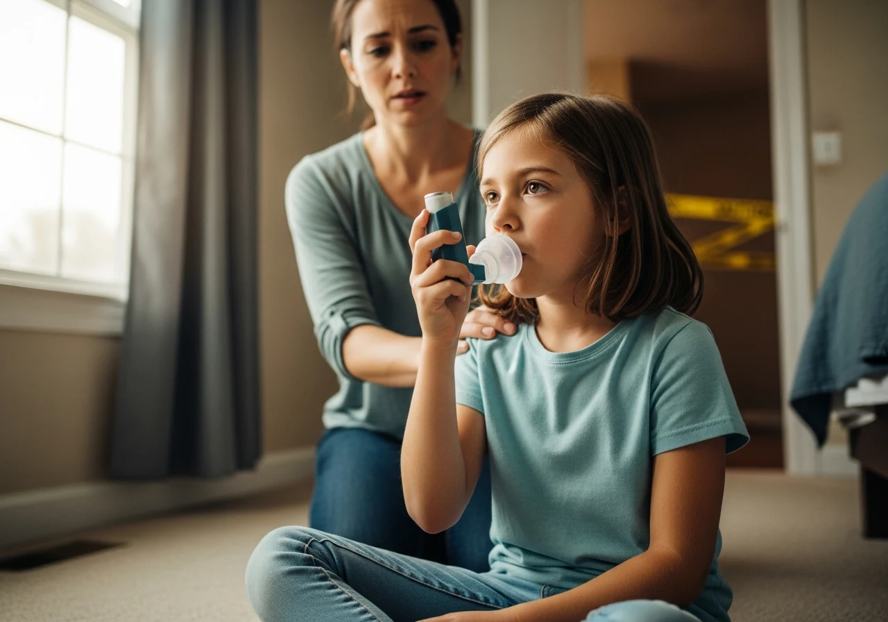 A young child uses a blue albuterol asthma inhaler while a parent kneels beside her, illustrating why CDC guidance directs vulnerable household members to leave during mold remediation