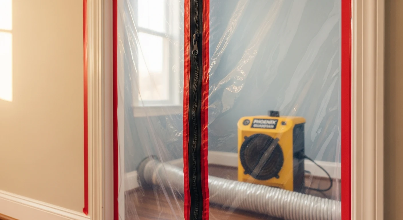 Floor-to-ceiling clear polyethylene containment sheeting sealed with red painter's tape and a zipper door, with a yellow HEPA scrubber visible inside the work zone
