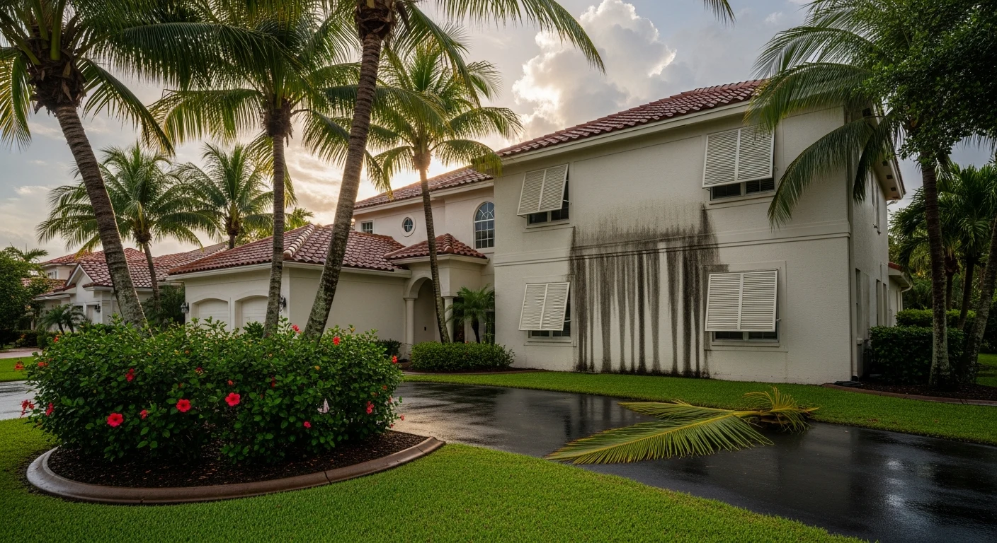 A two-story Florida stucco home with barrel-tile clay roof and visible water staining beneath the second-floor windows after a tropical storm, with palms in the foreground