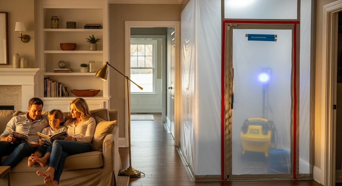 A family reads on the living room sofa while a sealed plastic containment zone with HEPA scrubber is visible in the adjacent hallway during a residential mold remediation project