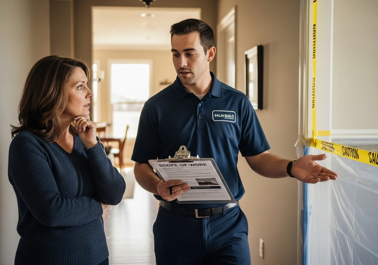 A Palm Build project manager walks a homeowner through the containment plan with a clipboard during the initial mold remediation walkthrough