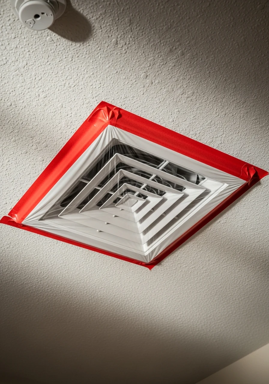 A residential HVAC supply register sealed with clear plastic and red painter's tape during a mold remediation project to prevent spore distribution through the ducts