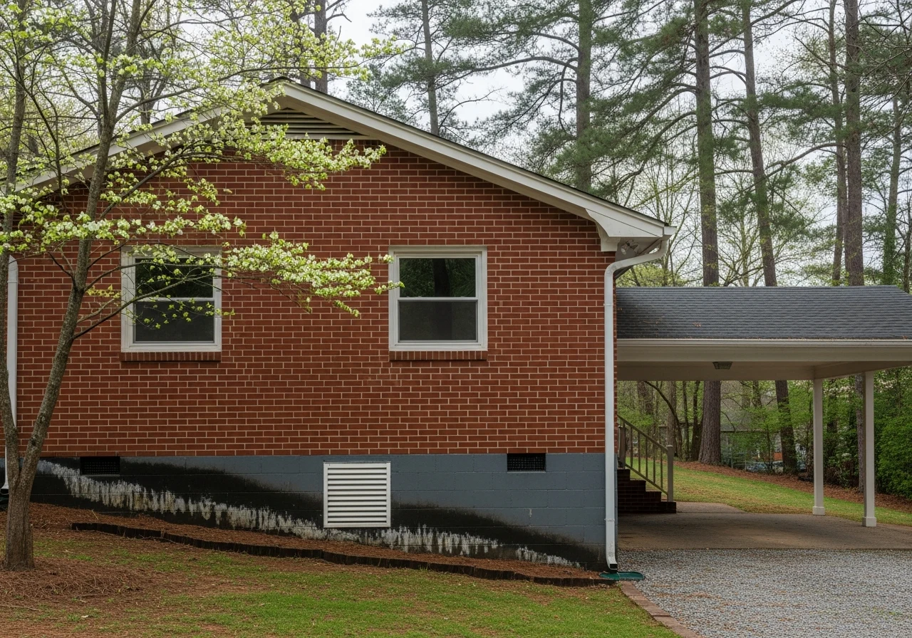 A 1965-era North Carolina red-brick ranch home with a vented crawl space foundation and visible damp staining beneath a vinyl louver vent, showing typical Piedmont humidity damage