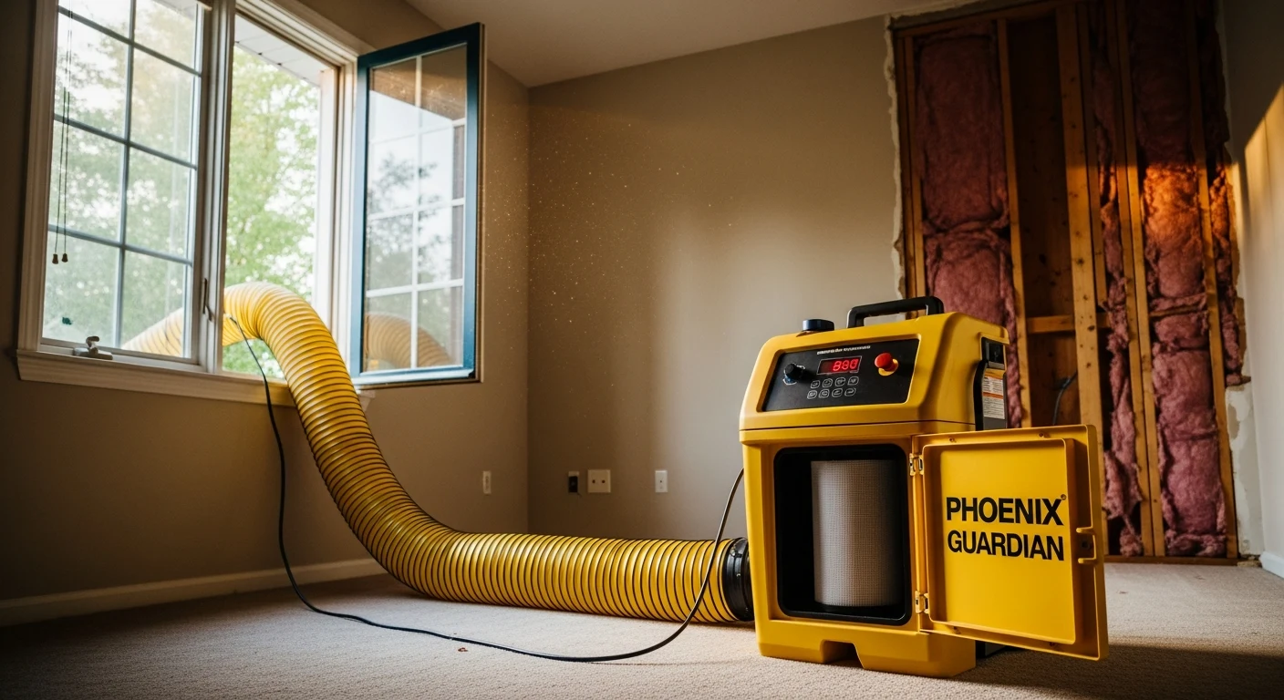 A commercial HEPA negative-air scrubber operating inside a residential bedroom mid-mold-remediation, with yellow flexible ducting routed out a window to exhaust filtered air outdoors