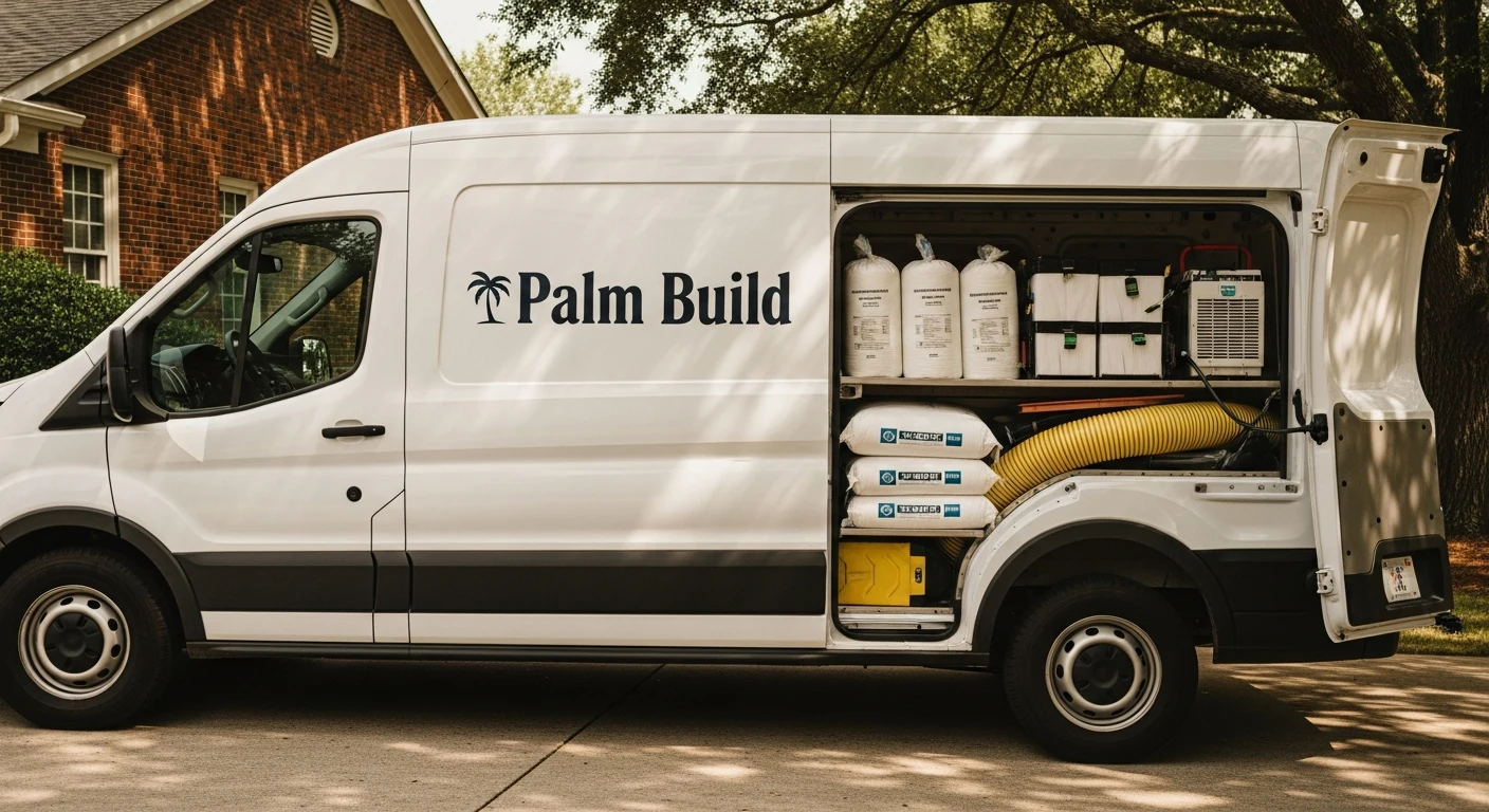 A Palm Build branded white work van parked in a Carolinas residential driveway with restoration equipment visible in the rear, ready for a mold remediation project