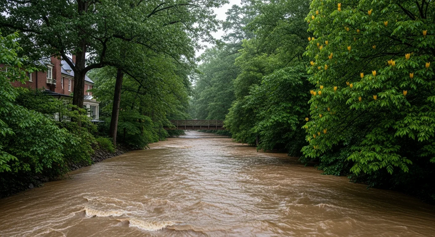 Briar Creek in Charlotte NC running high and muddy through the Myers Park greenway with flood water approaching backyards of historic brick estates