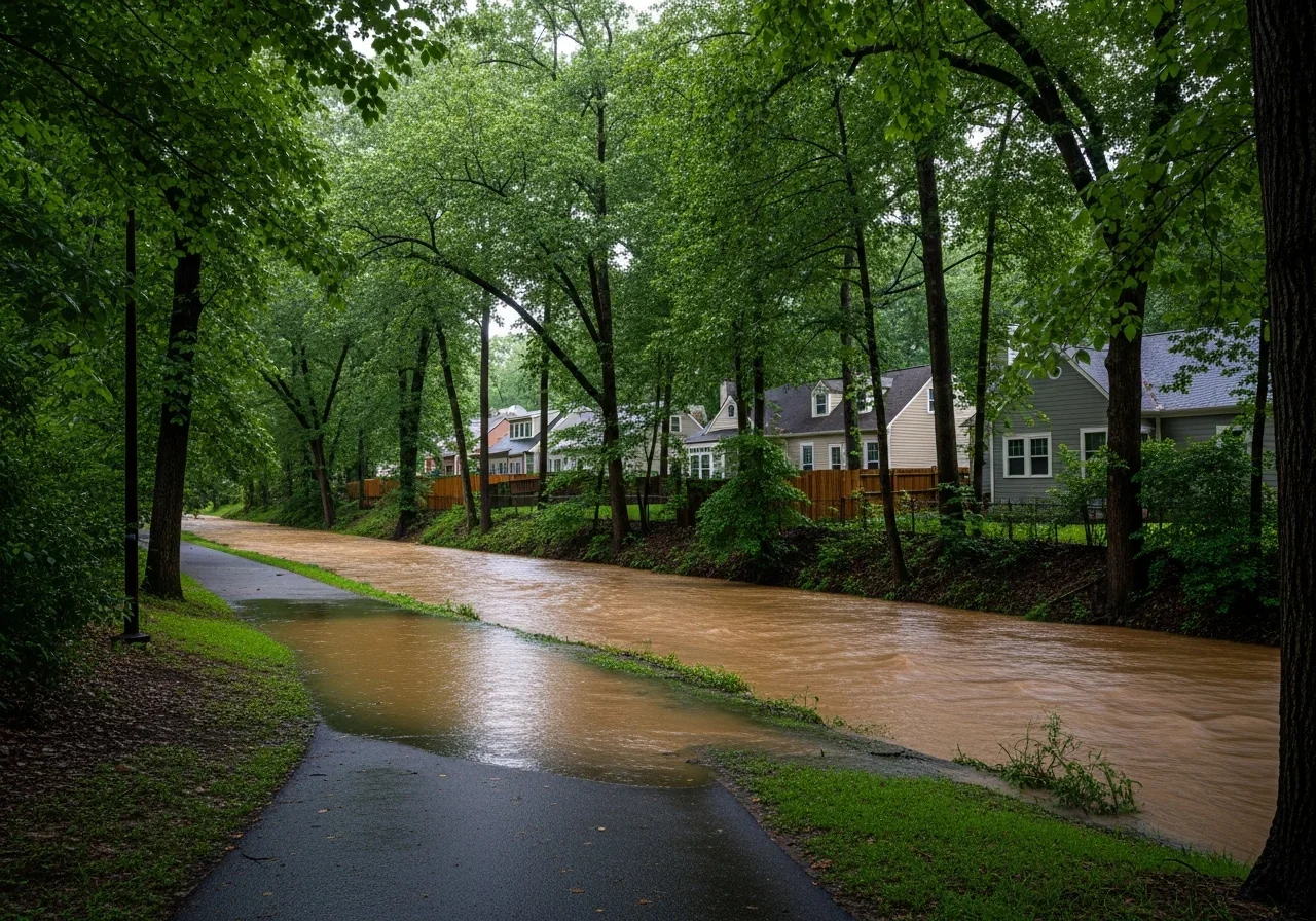 Little Sugar Creek overflowing its banks along the greenway in Dilworth Charlotte NC during a heavy rain event with narrow craftsman bungalow lots visible in the background