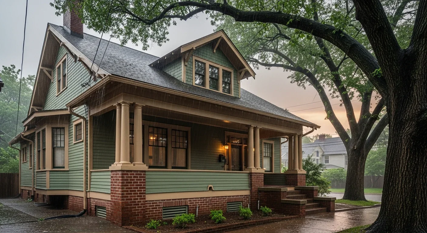 Charlotte NC historic Dilworth craftsman bungalow home during a heavy thunderstorm with rain overwhelming gutters and water pooling in the crawl space vents beneath a brick foundation