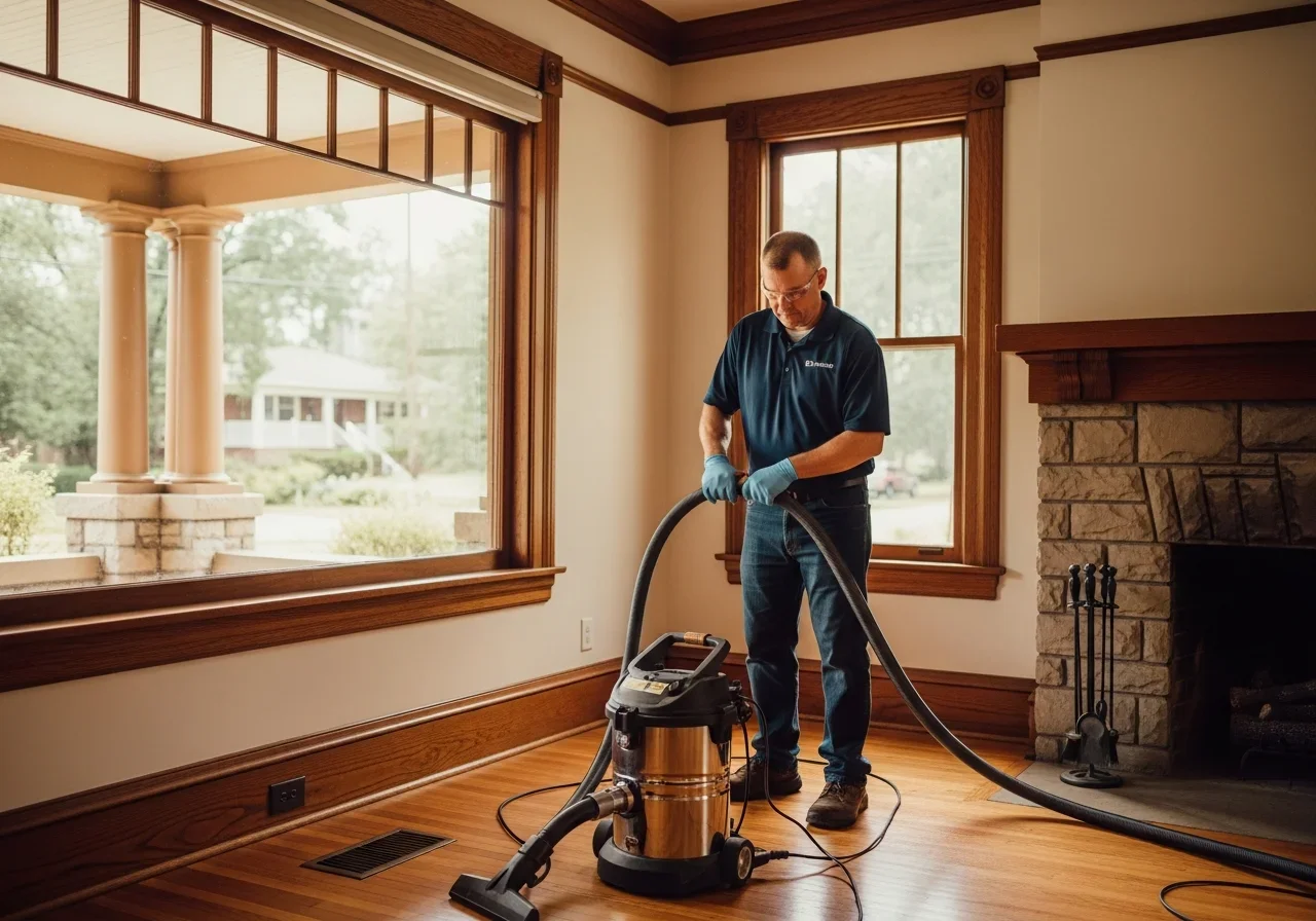 Palm Build restoration technician in a branded polo shirt operating a commercial water extraction vacuum on hardwood floors in a Charlotte NC historic Dilworth craftsman bungalow living room