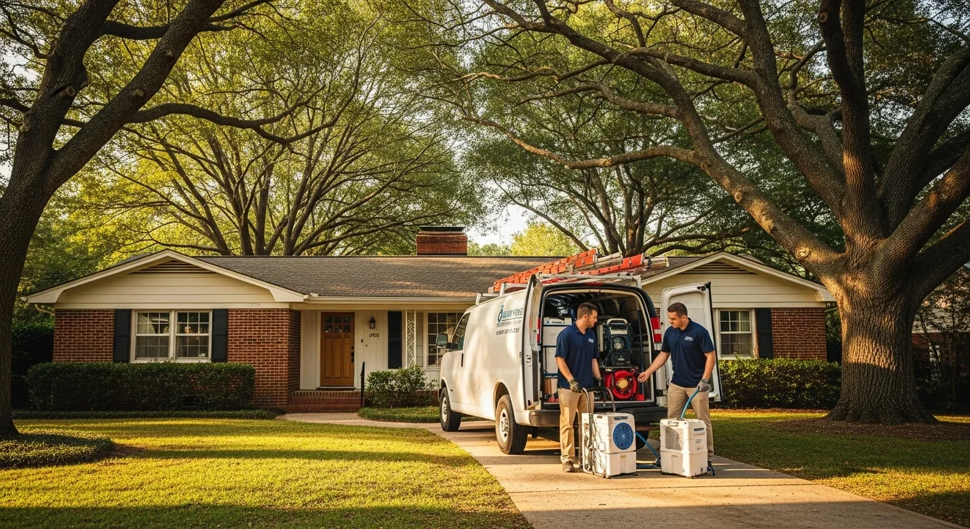 Palm Build restoration work van parked in a Charlotte NC residential driveway outside a 1960s brick ranch home with mature oak trees and a crew unloading water extraction equipment