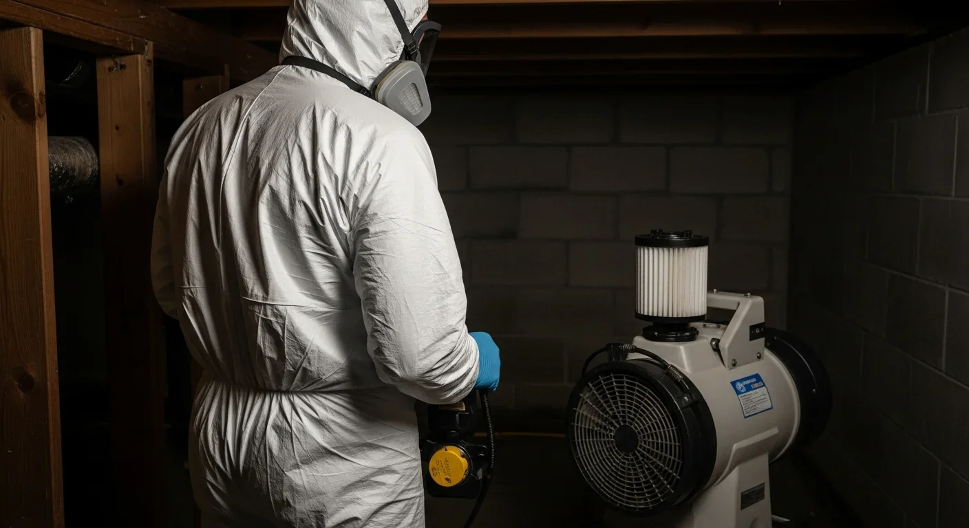 Palm Build Restoration technician in full PPE with Tyvek suit and respirator performing IICRC S520 containment setup in a Charlotte NC crawl space with negative air machine visible